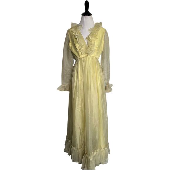 Vintage 1970s Pale Yellow Boho Hippie Age of Aquarius Emma Domb Maxi Dress Small - Picture 1 of 5